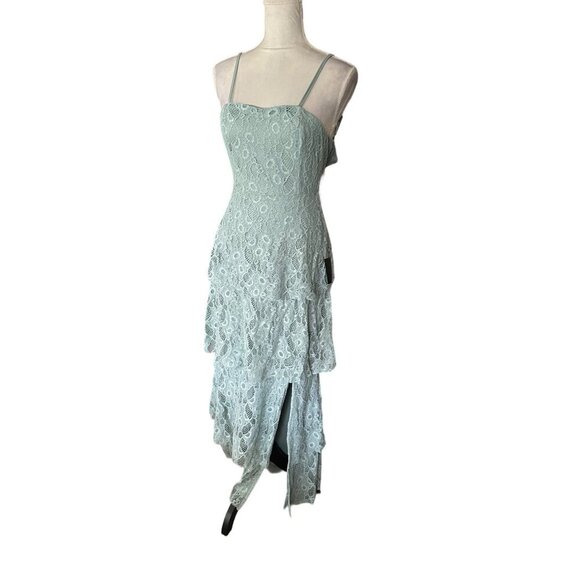 Lulus Mint Green Lace Tiered Maxi Dress With Spaghetti Straps Side Slit SZ S NWT - Picture 3 of 13